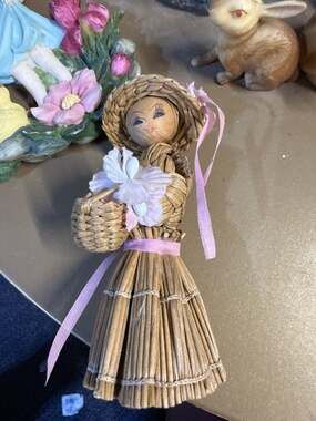 Vintage Handmade Braided Straw Folk Art Doll with Bonnet and Flower Basket